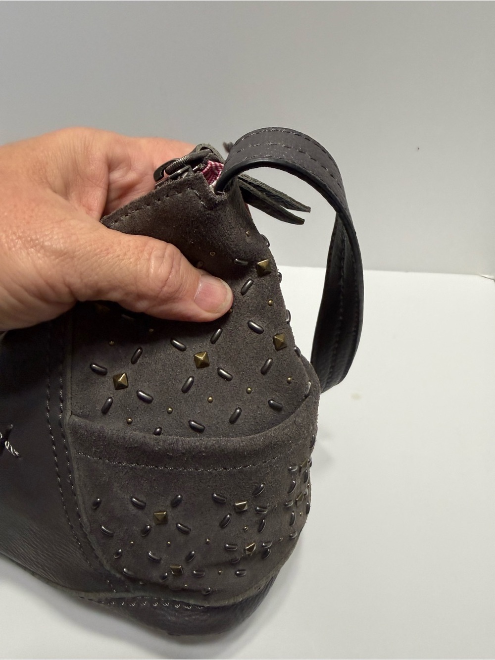 The Sak Gray, Leather, Studded, Hobo Shoulder Bag, Spacious Interior, Beautiful - Picture 6 of 12